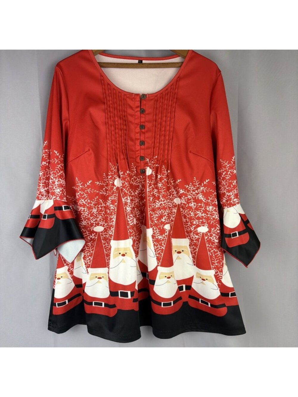 VTG y2K Christmas Red Santa Gnomes Top Womens Large 3/4 Sleeve Festive Boho